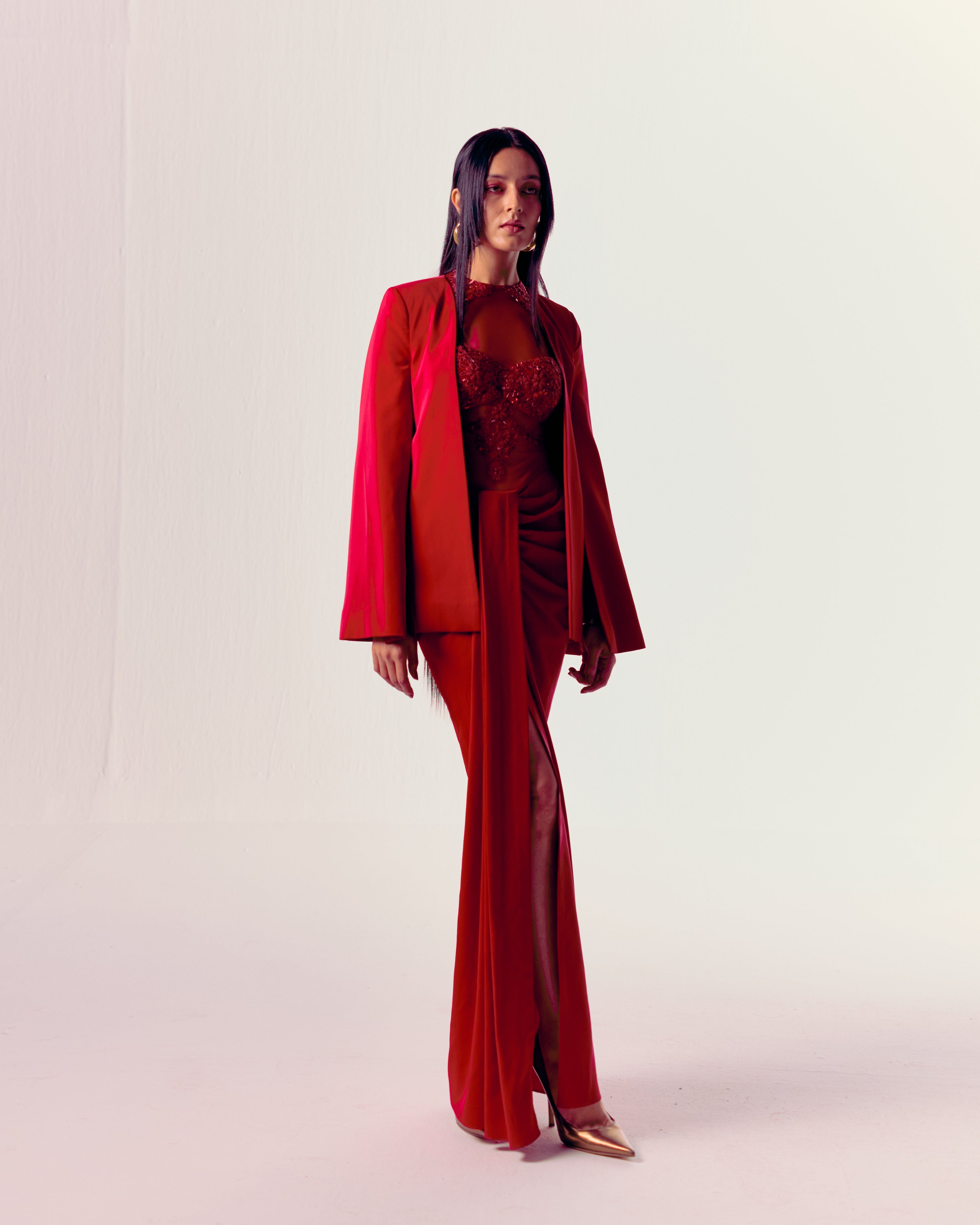 Vermillion Draped Skirt and Jacket Set
