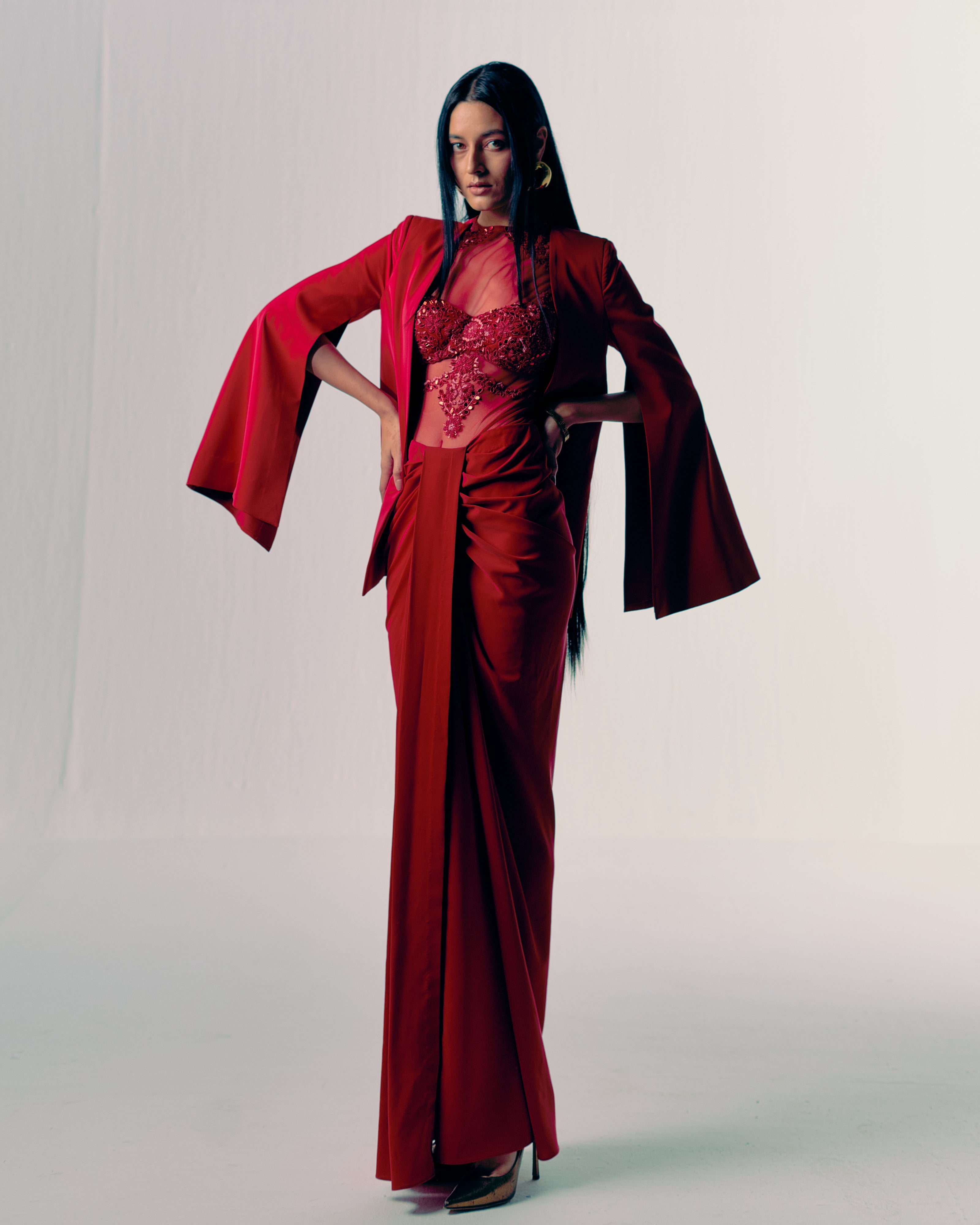 Vermillion Draped Skirt and Jacket Set