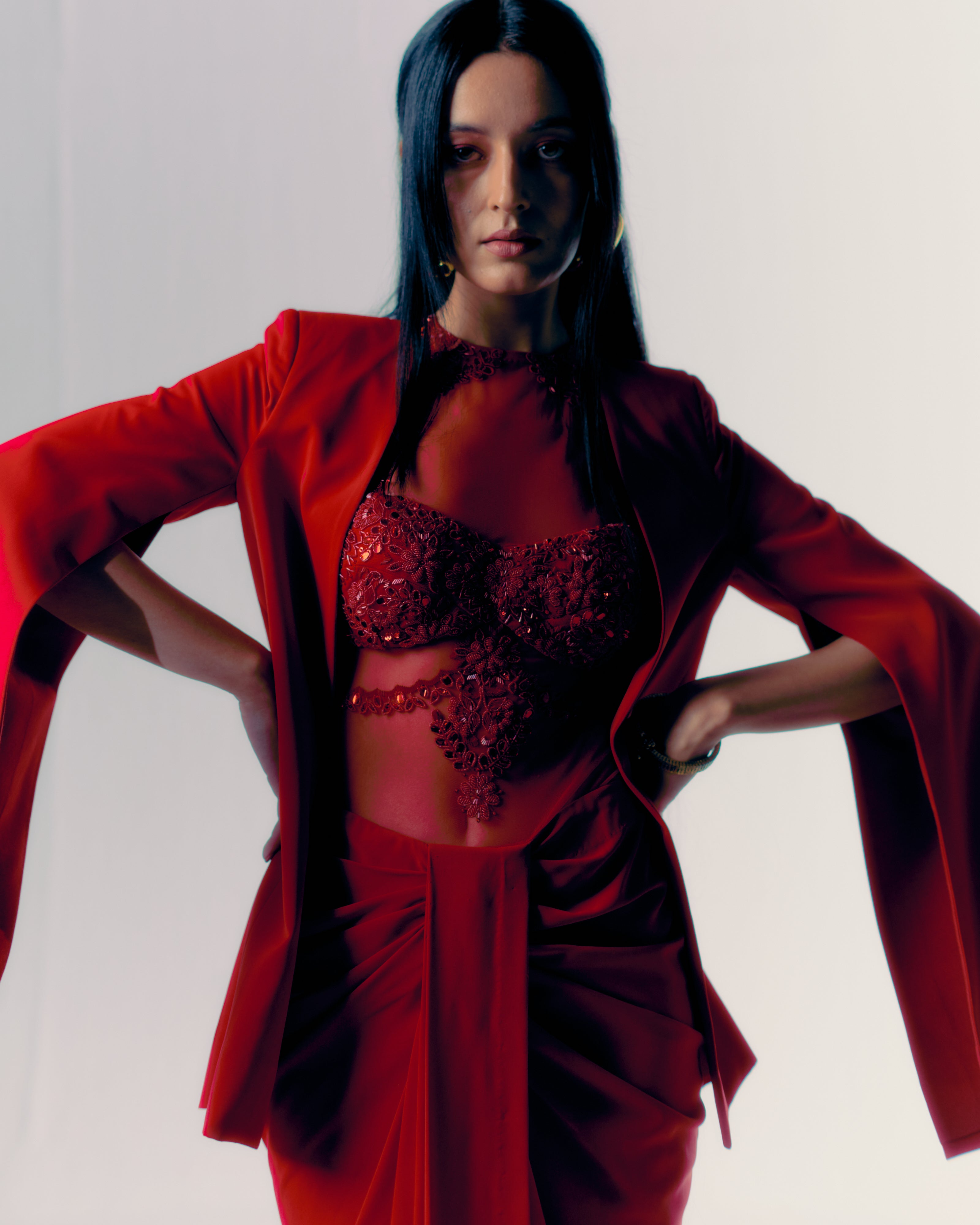 Vermillion Draped Skirt and Jacket Set