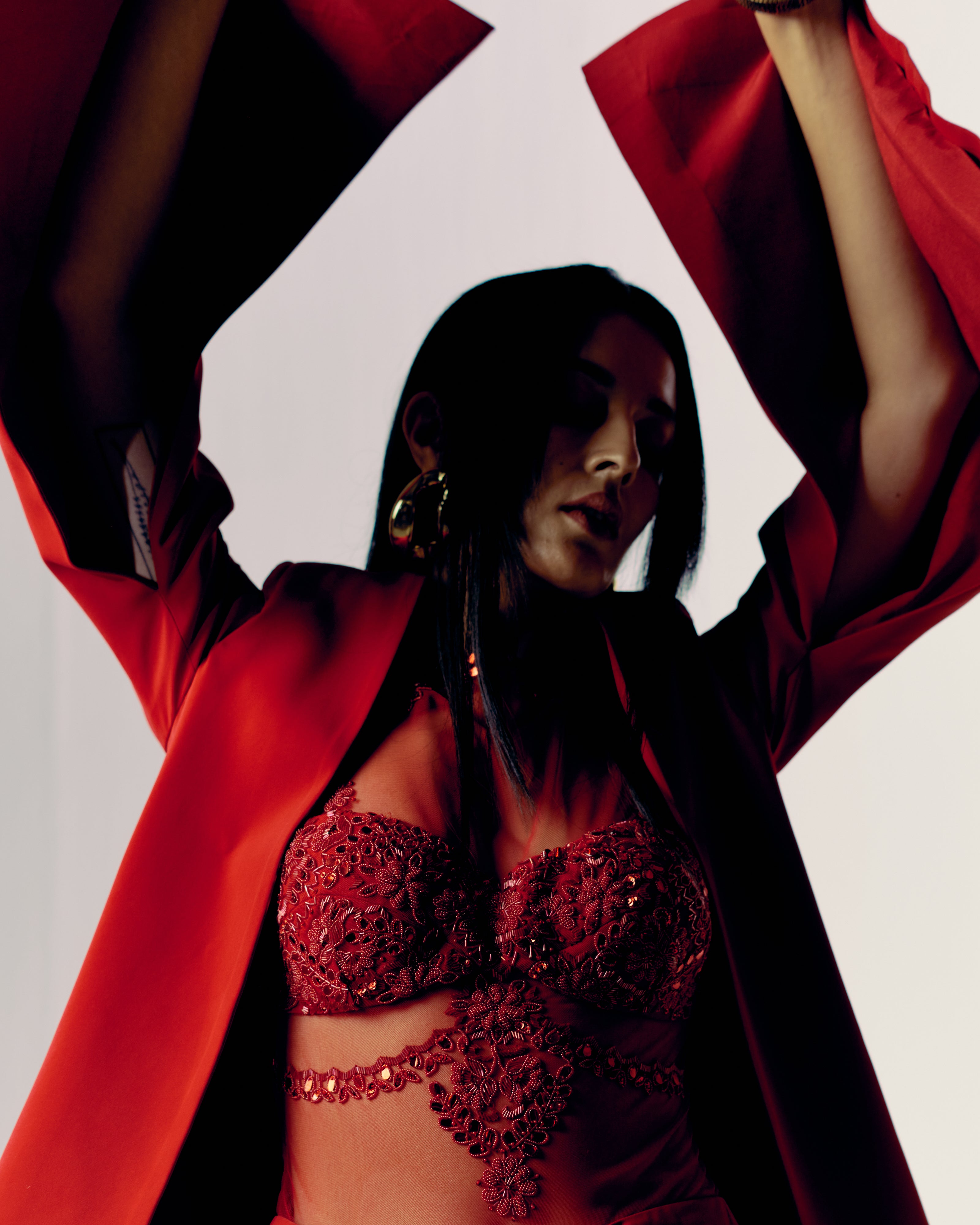Vermillion Draped Skirt and Jacket Set