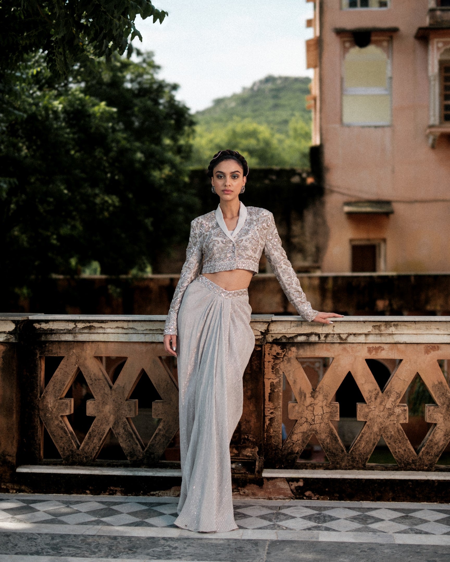 Paisley Henna Crop Jacket and Draped Skirt Set - Main Image