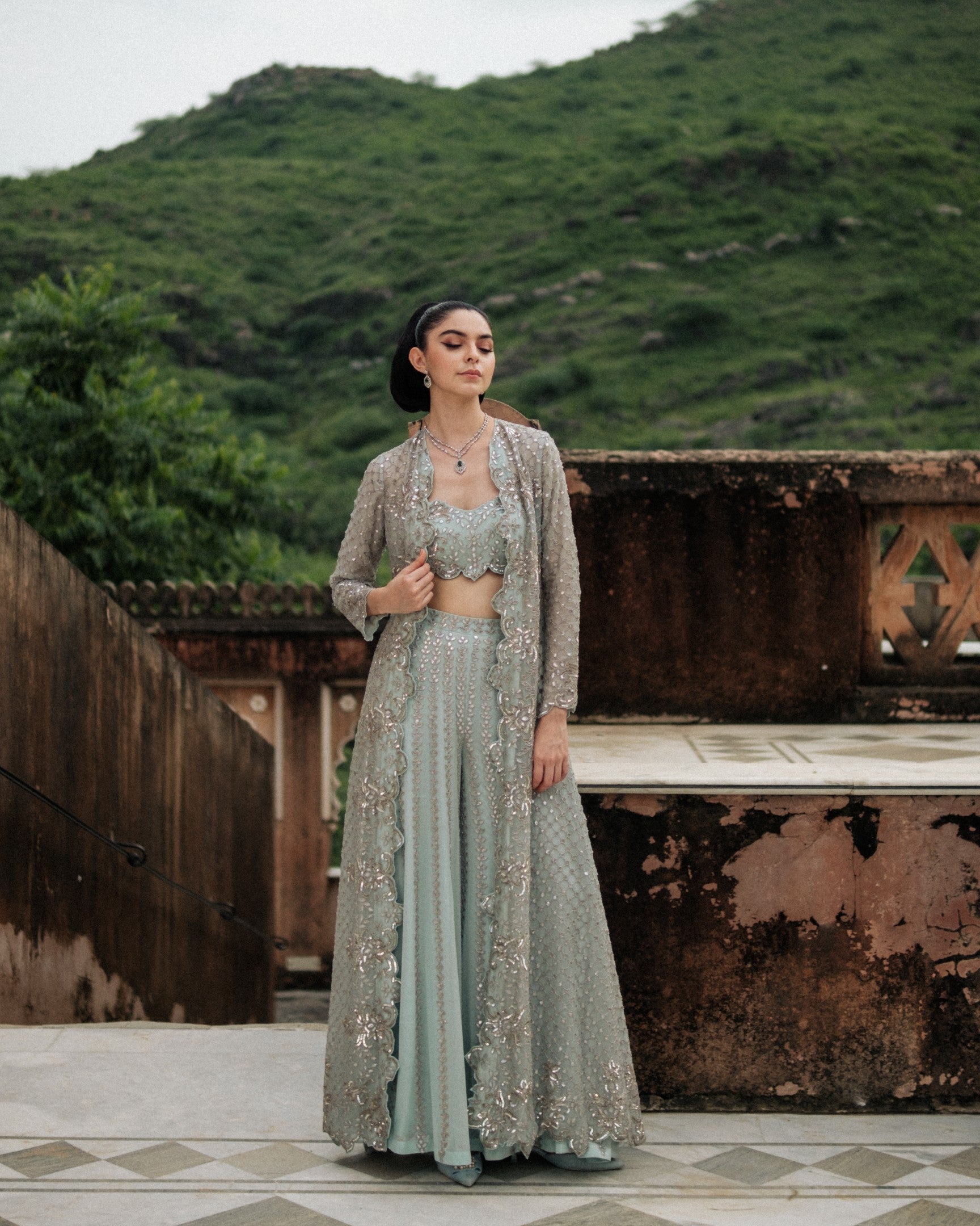 Interlace Henna Long Cape Jacket Set