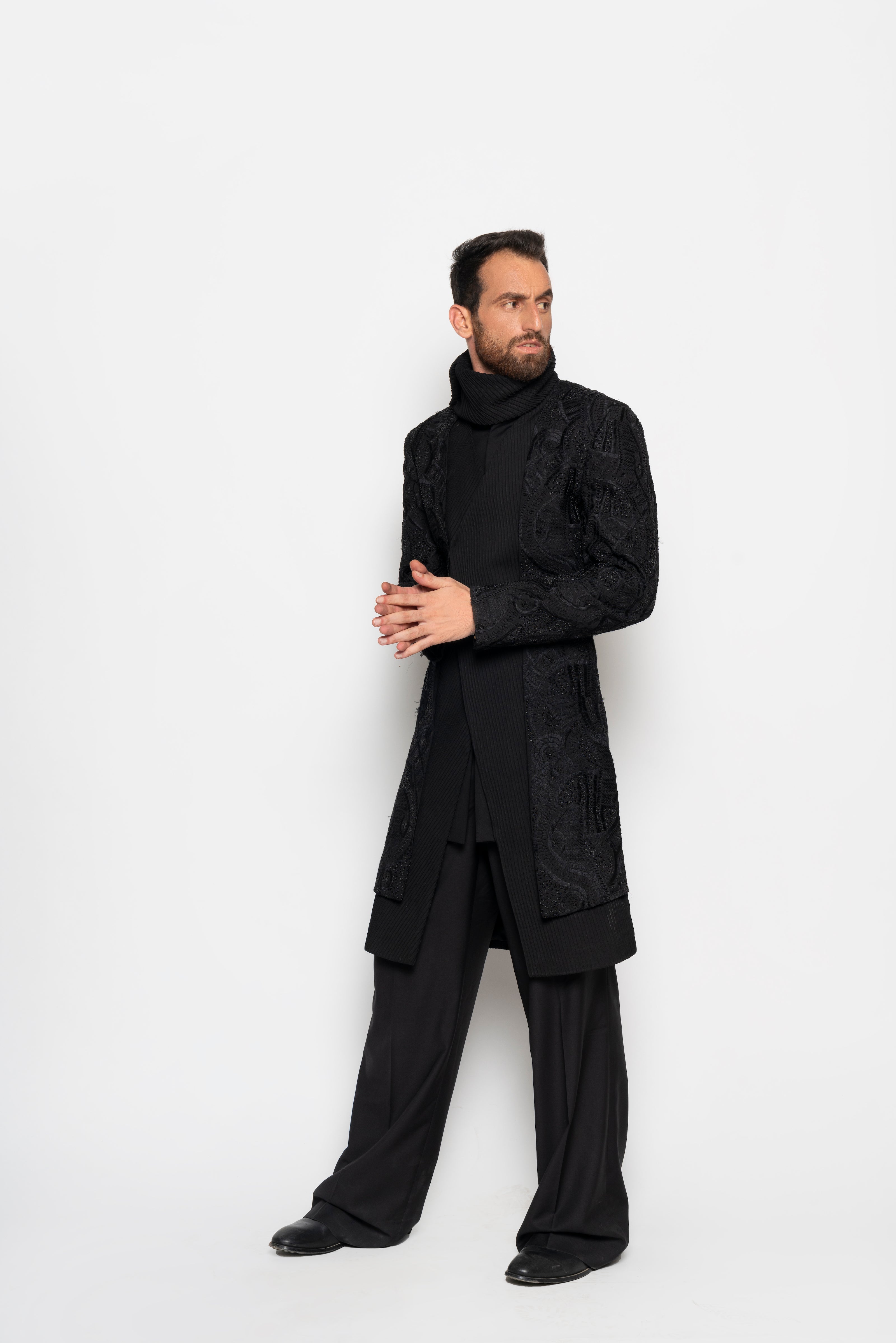 Ink Black Embroidered Long Jacket