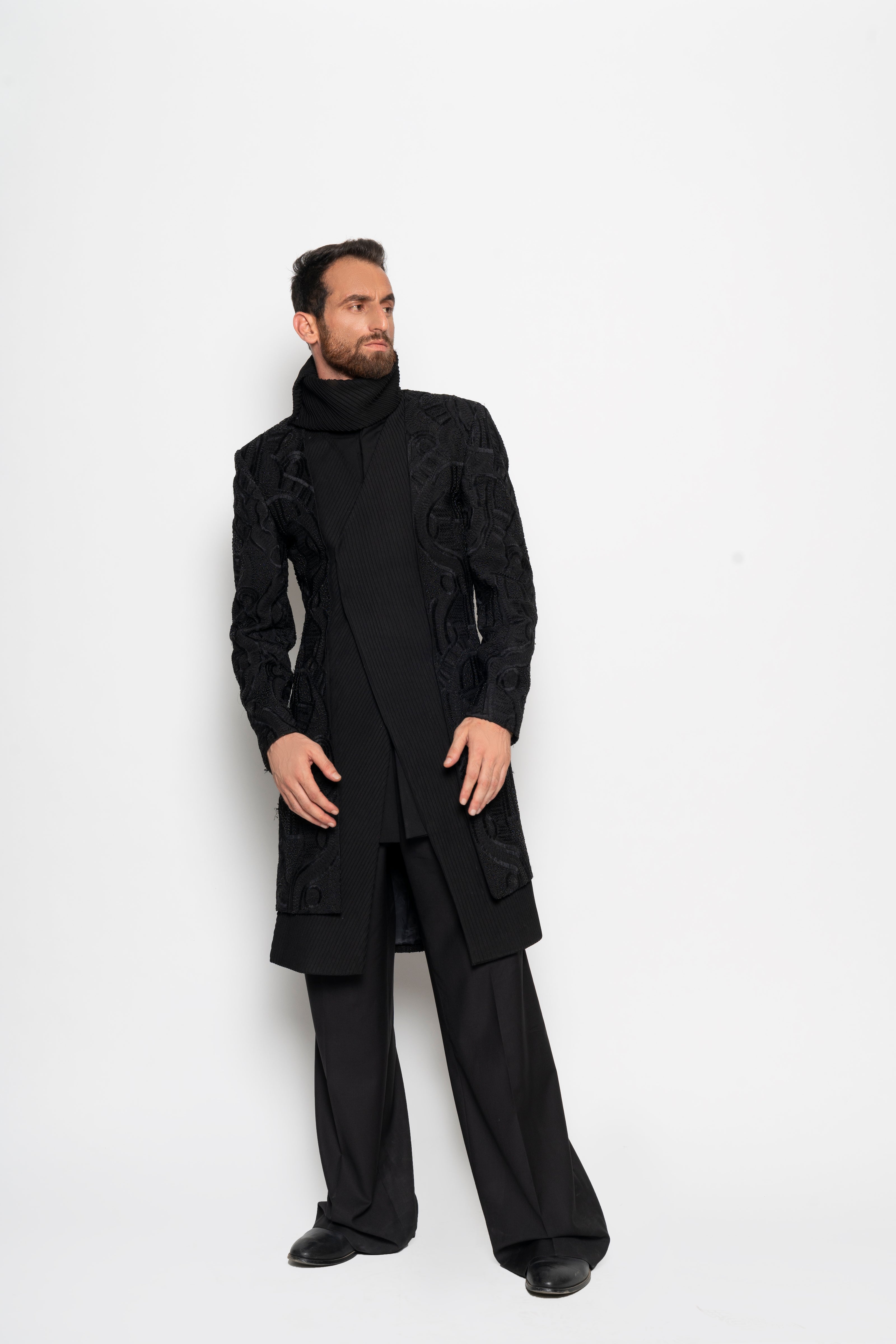 Ink Black Embroidered Long Jacket