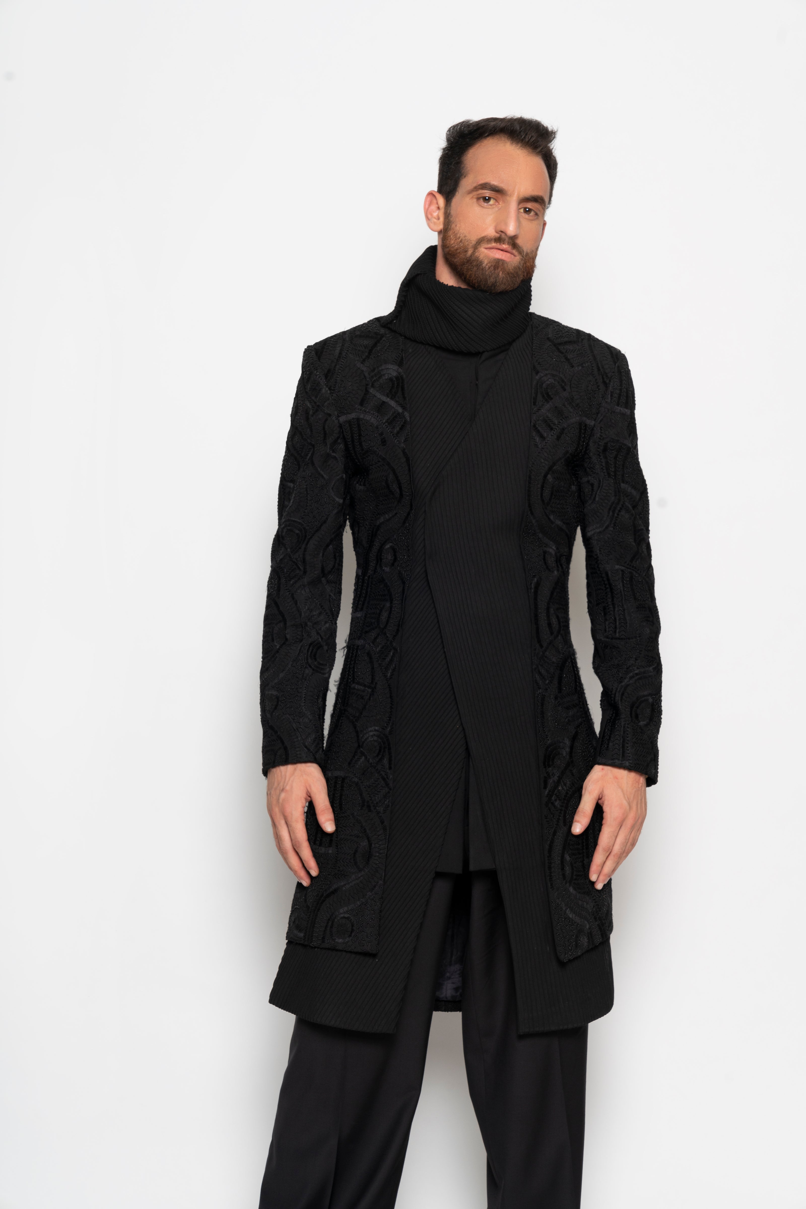 Ink Black Embroidered Long Jacket