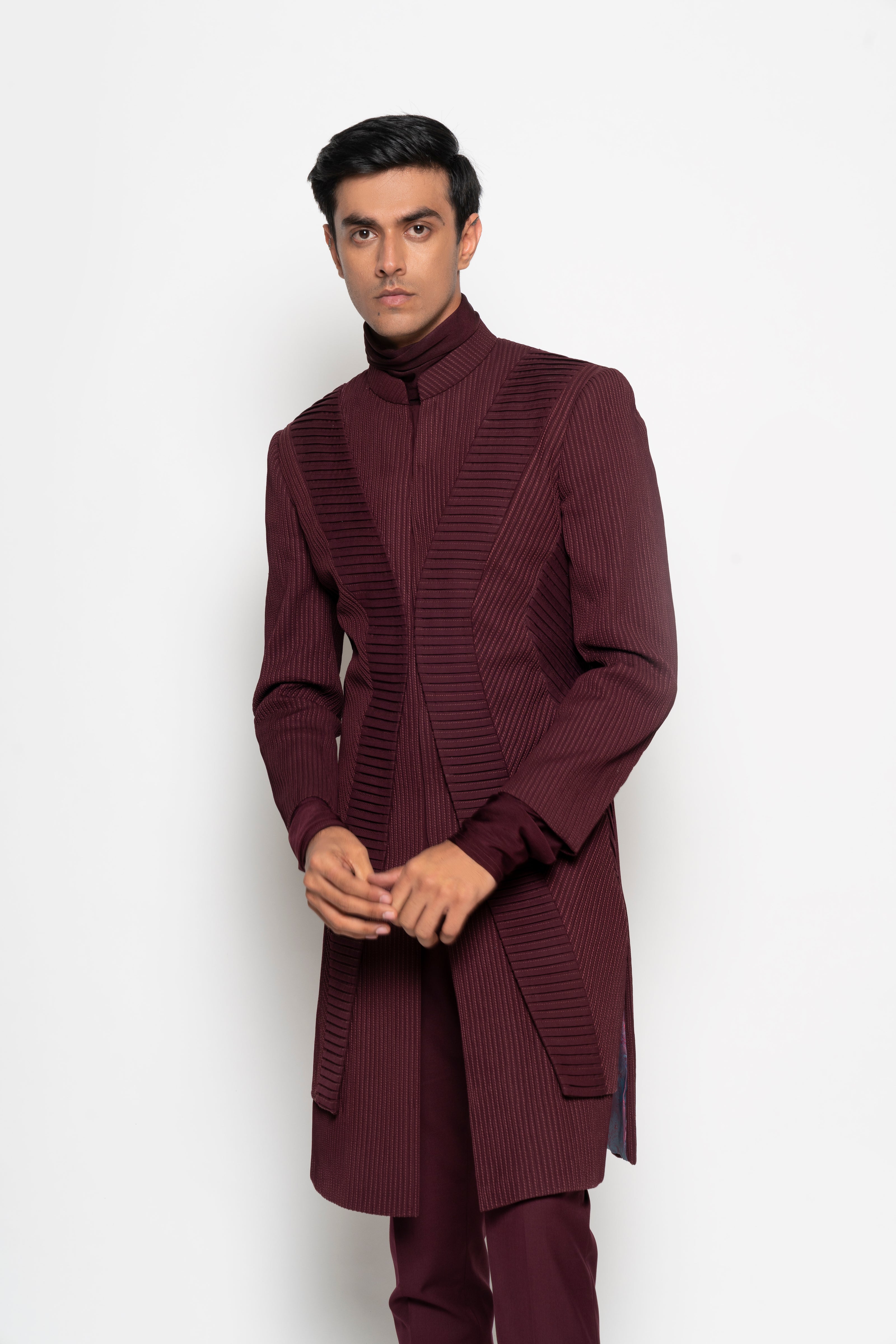 Wine Red Quilted Long Jacket
