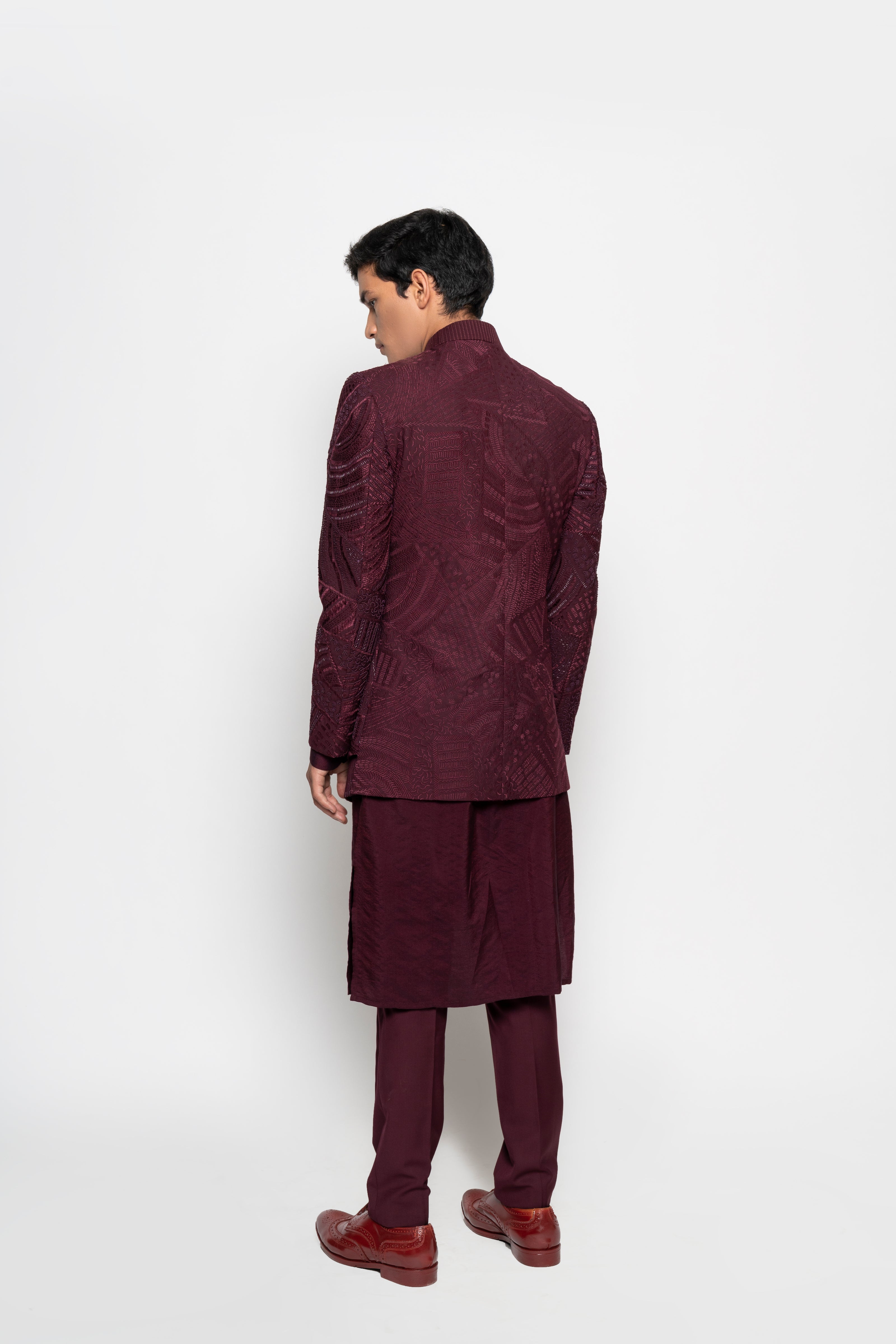 Bordeaux Embroidered Layers Bandhgala