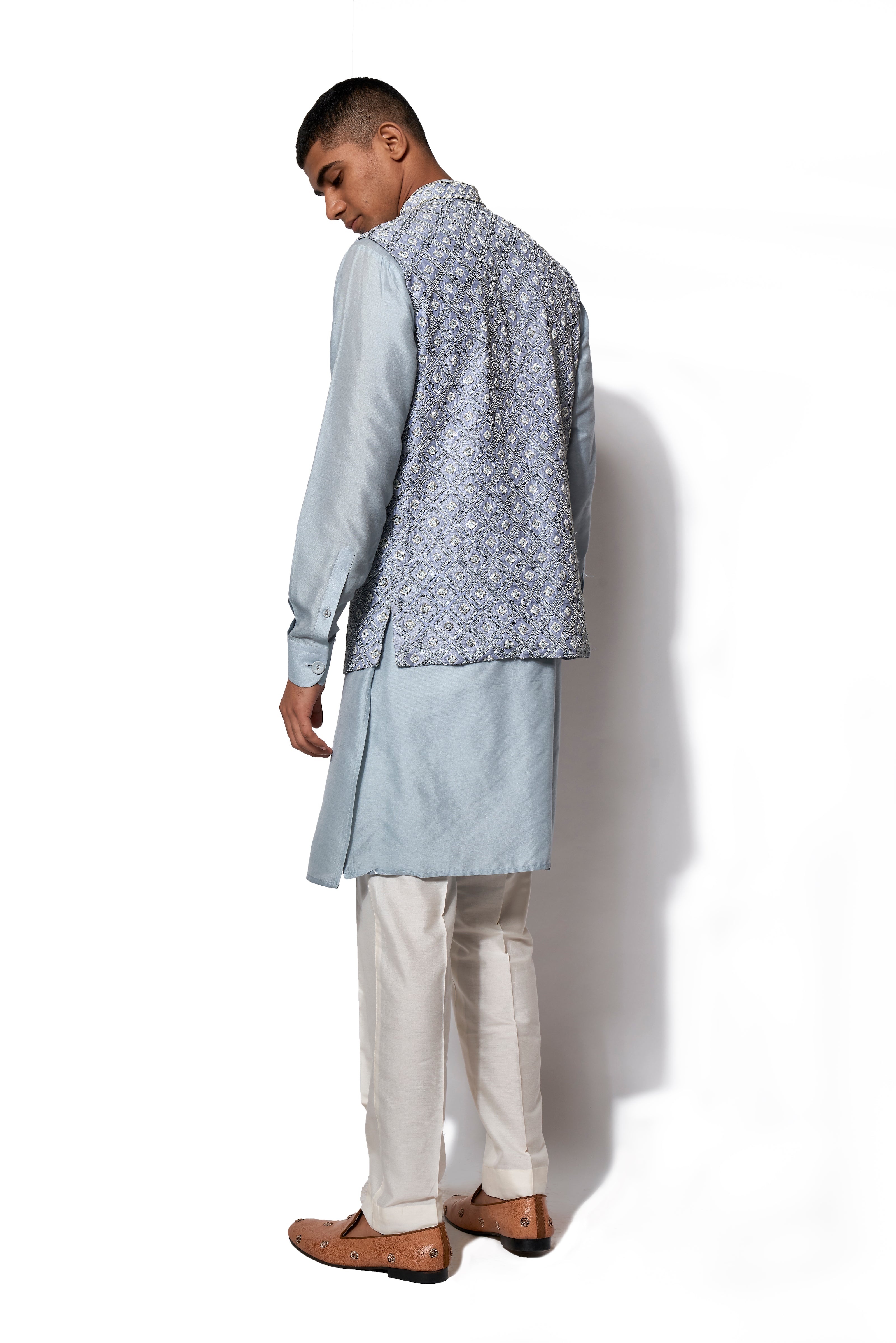 Panelled Ice Blue Nehru Jacket